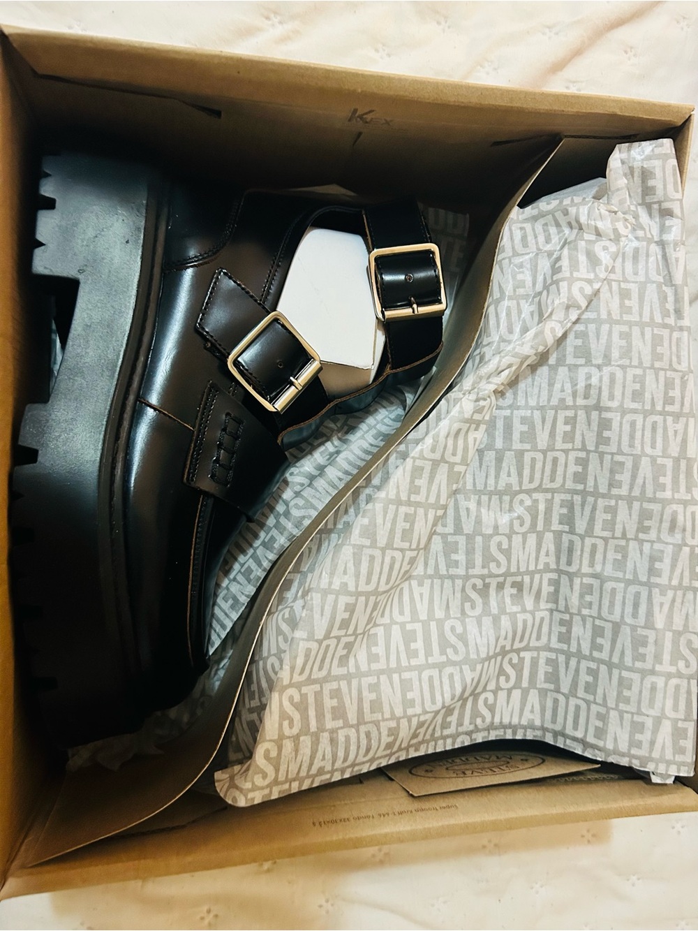 Steve Madden Black Leather Cutout Buckle Platform Loafers - Picture 3 of 6